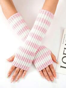 Women's Striped Knitted Fingerless Gloves, New Autumn/Winter Mid-Length Warm And Fashionable Arm Sleeves