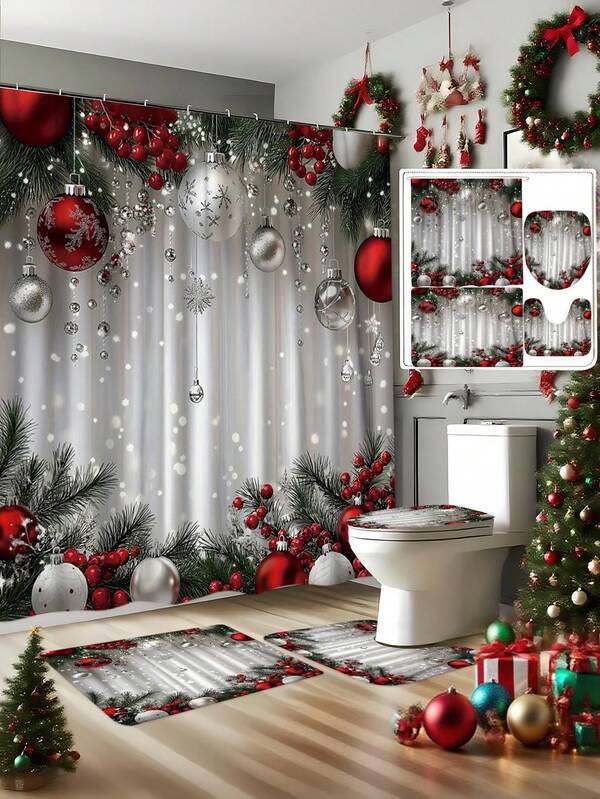 1/4 Pcs Christmas Shower Curtain Set With Holiday Red, Green And White Design - Includes Waterproof Shower Curtain With 12 Hooks, Non-Slip Bath Mat, U-Shaped Toilet Lid Cover And Rug - Perfect For Holiday Bathroom Decor, Multiple Sizes Available