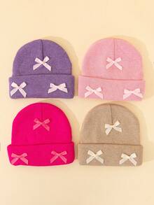 1pc Baby Girls' Knitted Beanie Hat With 3 Bows, Cute Infant Warm Knit Hat With Folded Brim, Elongated Winter Warm Baby Hat, Fashion Personalized Baby Warm Hat