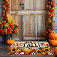 1pc Heavy-Duty Fall Welcome Mat - Non-Slip Indoor/Outdoor Door Mat With Happy Fall Slogan, Sunflower & Pumpkin Design In Orange/White/Black/ - Machine Washable Soft Autumn Decoration For Front Door, Porch, Farmhouse - Thanksgiving Home Decor Gift (Warm Brown/Beige Tones) - Easy-Clean Floor Mat For Seasonal Home Decorations - As the Picture - View 1