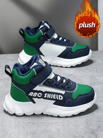 Women's Mid-Top Casual Sports Shoes, 2025 Winter New Plush Thickened Versatile Chunky Sneakers, Thick Sole Anti-Slip Warm Waterproof Winter Snow Boots, Hook And Loop Design Lightweight Shoes, Women's Letter Leather Patchwork Casual Boots, Outdoor Sports Basketball Sneakers