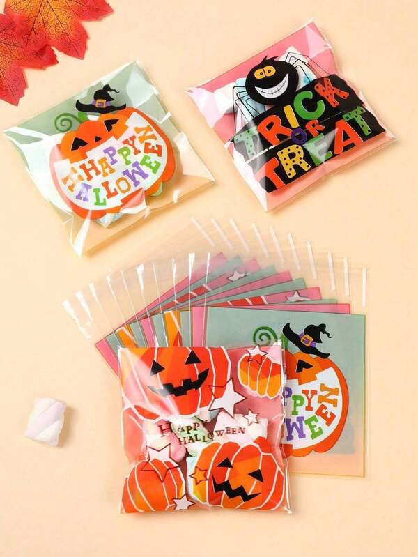 100PCS Halloween Cartoon Pumpkin Ghost Spider Self-Proclaimed Gift Bag Holiday Party Cookies Candy Bag, Holiday Party Gift Gift Decoration Packaging Bag