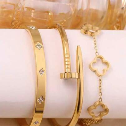 3 piezas/1 pieza Brazalete de acero inoxidable con incrustaciones de circonita en forma de trébol, de lujo y moda, versátil para uso diario