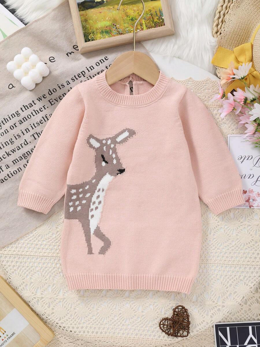女婴长款针织毛衣，带鹿图案，套头衫 - 藕粉色 - 查看 1