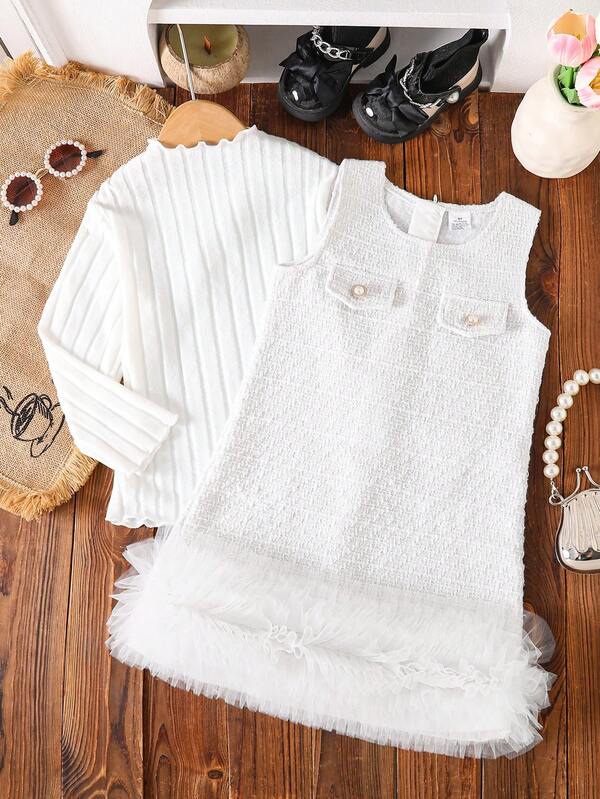 2 piezas Conjunto de ropa casual de primavera/otoño para niñas, incluye top de manga larga de cuello redondo acanalado y plisado en unicolor y vestido con dobladillo de malla sin mangas, suave y cómodo para uso diario, elegante para fiestas, al aire libre, estilo británico, adecuado como regalo