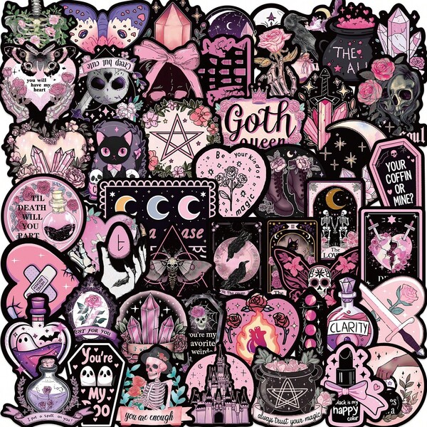 50Pcs Gothic Halloween Stickers Magic Stickers Witchy Decals Rose Stickers Potion Bottle Motifs Pink Stickers Aesthetic Stickers Halloween Decor Halloween Party Decorations Vinyl Waterproof Stickers For Journaling Computer Scrapbook Luggage Water Bottle Phone