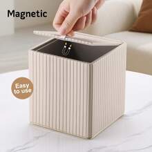 Gold-Edged Square Vertical Striped Tissue Box - Fashionable Cubic Tissue Box Holder, Magnetic Bottom, Decorative PU Tissue Box Suitable For Vanity, Nightstand, Desk, Kitchen Counter, Home Office, Car (Milk Tea Color) - Multicolor - View 6