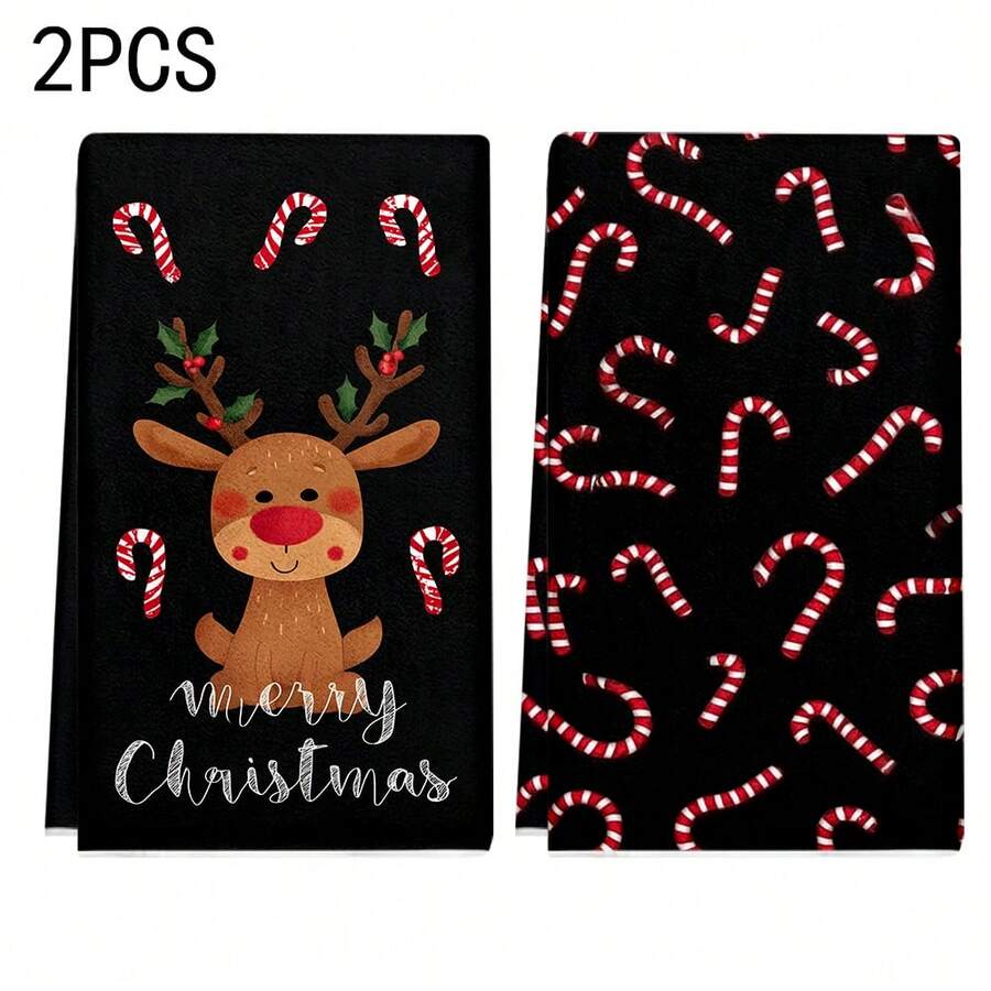 2 pièces/100 pièces Serviettes de cuisine et gants de vaisselle avec motif de rennes de Noël et de cannes en bonbon, convenant à la décoration intérieure des restaurants, cuisines et salles de bain, à la décoration de fête, aux cadeaux de fête, en tant que cadeau