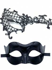 2pcs/Set Black Lace & Plastic Couple Masquerade Party Mask, Suitable For Men And Women Attend Makeup Ball, Party Halloween, Party Christmas - Many - View 2