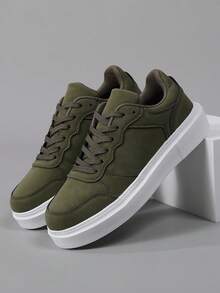 46 White Thick Sole Men's Casual Sneakers, Lightweight Soft Bottom Breathable Sports Shoes - Green - View 3