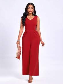 女装春夏新款时尚优雅简约纯色V领无袖连体阔腿裤，后背V字露背蝴蝶结，适合约会、逛街、聚会 - 大紅色 - 查看 5
