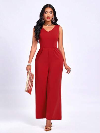 Women's Spring And Summer New Fashionable Elegant Simple Solid Color V-Neck Sleeveless One-Piece Wide-Leg Pants, Back V-Shaped Open Back With Bow, Suitable For Dates, Shopping, Parties