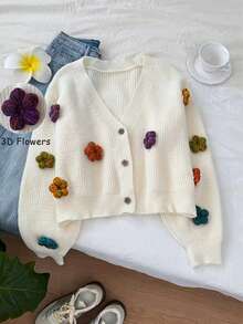 1pc 3D Floral Lantern Sleeve Cardigan, Fashion Knitted Sweater Suitable For Spring And Autumn