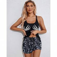 Women's Cami Pajama Set Sleeveless Racerback Tank Top Soft Sleepwear For 2025 - Halloween Skeleton Print - View 2