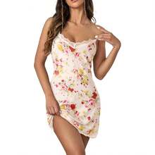 Sexy Lace Strap Babydoll Chemise Nightgown V Neck Full Slip Nightdress, 2025 Fashion Style - 米色花 - 查看 4