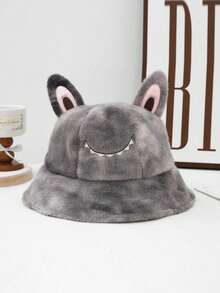 1pc Women's Tie-Dye Fluffy Rainbow Smiling Face Cute Bucket Hat, Korean Style 3D Ear Design Sweet Plush Cap, Warm Thermal Lining Casual Hat For Autumn/Winter