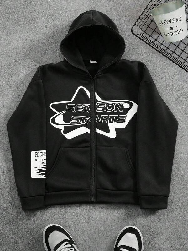 Men's Letter Print Long Sleeve Hoodie Sweatshirt With Zipper