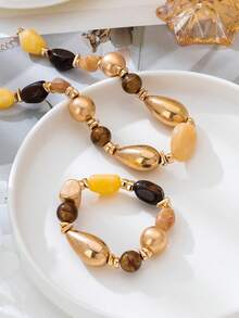 2 Pieces Set Of Vintage Thick Resin Luxury Luxury Luxury Gold Beeswax Colored Multi Colored Bead Necklace And Bracelet, Suitable For Women's Daily Wear And Bohemian Retro Style