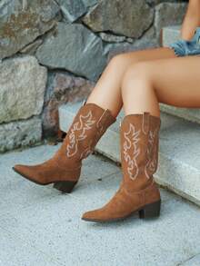 Women's Pointed Toe Western Boots, Embroidered Details Chunky Low Heel Mid-Calf Boots, Suitable For Party And Daily Wear - Brown - View 6