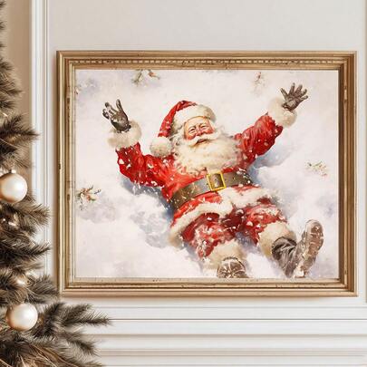 1pc, Canvas Wall Art, Framed Christmas Wall Decor, Vintage Santa Skiing Theme Painting, Santa Oil Painting, Playful Santa, Winter Snow Scene Christmas Decor, Modern Winter Home Decor, Retro Christmas Decor, Room Decor, Dorm Decor, Bedroom Decor, Living Room Decor, Bathroom Decor, Christmas Atmosphere Decor, Christmas Poster Wall Art, Christmas Gift