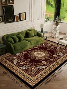 1pc Elegant Mandala Flower Pattern Large Area Mat - Soft, Dust-Proof, Machine Washable, Anti- Mat For Living Room, Bedroom, Or Dining Area, Rich Reddish-Brown With Golden Accents, Intricate Floral Design, Perfect For Banquet Or Game Room Decor, Soft Polyester Mat Christmas Decor Kitchen Rug