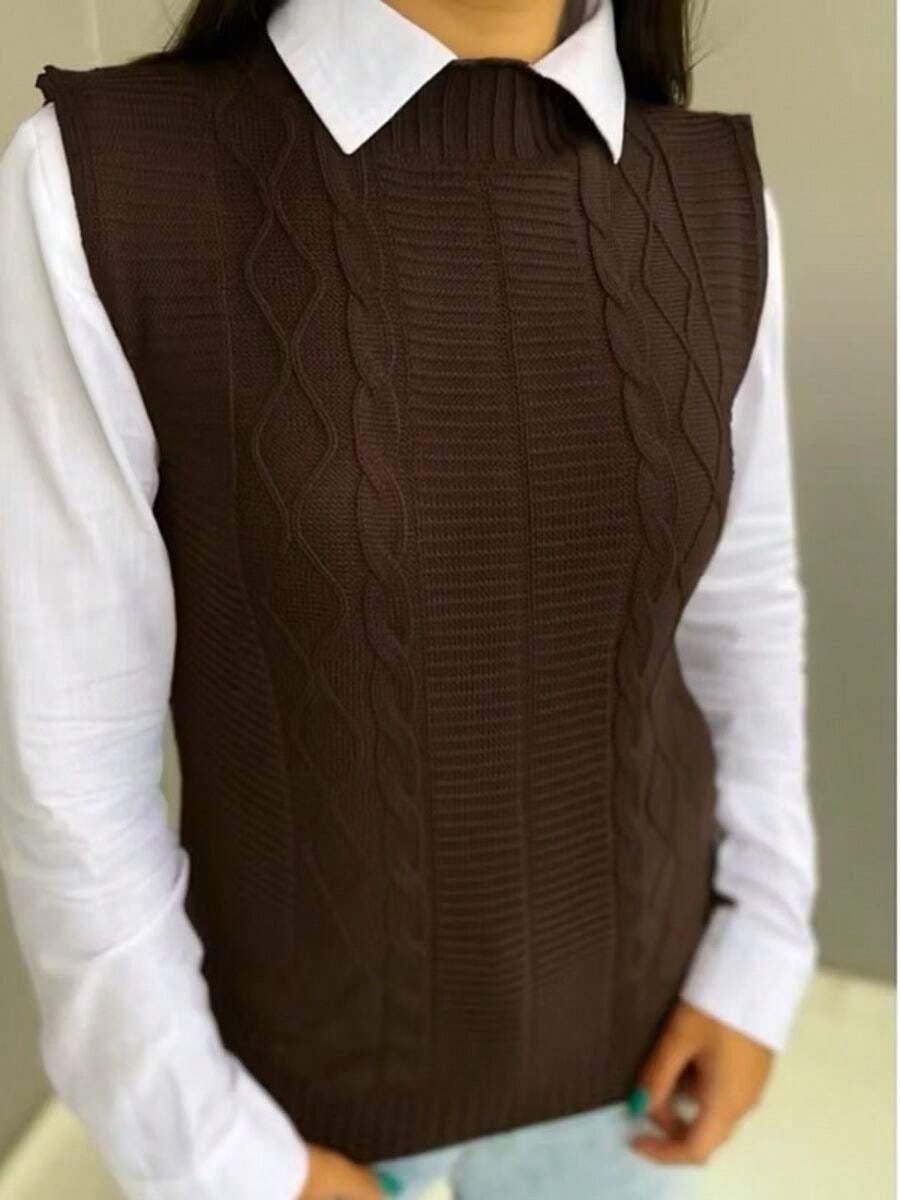 Women's Knit Vest Braid Max Knit Overlay Vest Fashion Blogger - Óxido marrón - Ver 1