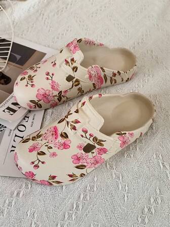 Women's Elegant Peach Blossom Fashionable Vintage Durable Anti-Slip Breathable Quick-Dry Comfortable Slip-On Mule Slippers, Suitable For All Seasons