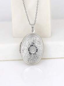 1pc Stainless Steel Hollow Vintage French 18K Plated Oval Embossed Floral Geometric Pendant Necklace, Can Open To Hold Photos, Minimalist Elegant Jewelry Gift For Men & Women, Valentine's Day