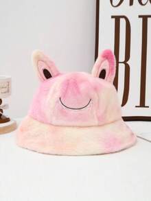 1pc Women's Tie-Dye Fluffy Rainbow Smiling Face Cute Bucket Hat, Korean Style 3D Ear Design Sweet Plush Cap, Warm Thermal Lining Casual Hat For Autumn/Winter