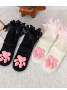 1/2 Par Meias de Coral Fleece com Laço em Formato de Pata de Gato 3D para Mulheres, Chinelos Confortáveis, Adequados para Uso Doméstico no Outono/Inverno, Meias para Dormir