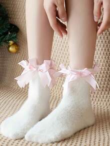 1/2 Par Meias de Coral Fleece com Laço em Formato de Pata de Gato 3D para Mulheres, Chinelos Confortáveis, Adequados para Uso Doméstico no Outono/Inverno, Meias para Dormir