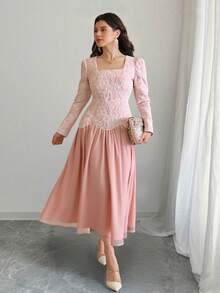 Solstice Apparel 3D提花拼接雪纺连衣裙，长袖方领收腰喇叭裙摆长款连衣裙，优雅风格，完美适用于婚礼、宴会和生日派对，春夏装扮 - 粉色 - 查看 4