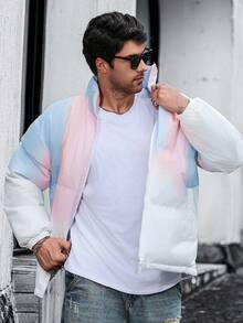 Men's Gradient Color Stand-Up Collar Faux Down Jacket, Loose And Warm Long-Sleeved Stand-Up Collar Down Jacket, Winter Gift