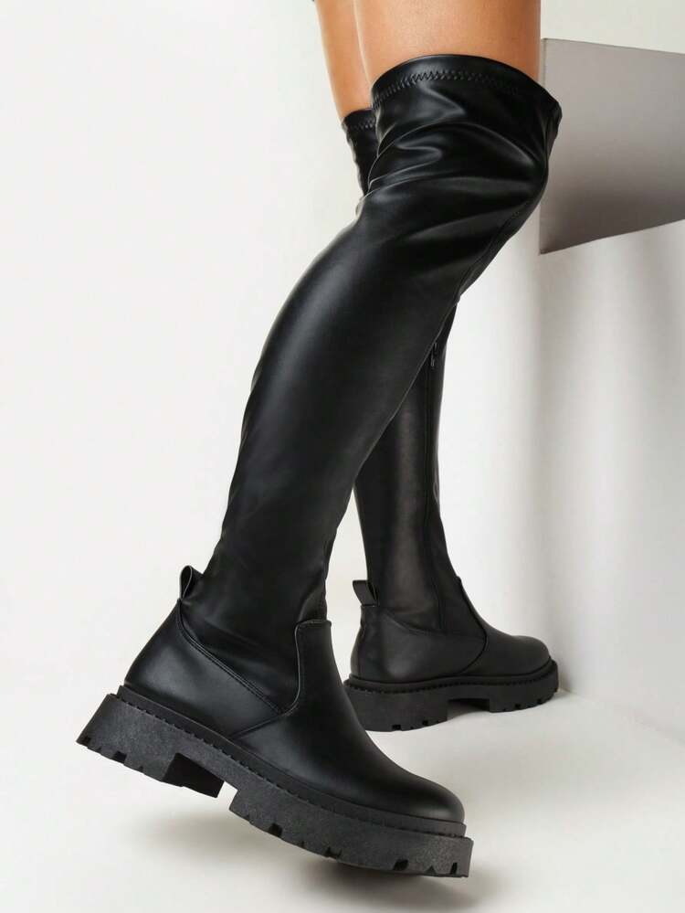 Fitted Over-The-Knee Boots With Platform - Black - View 2