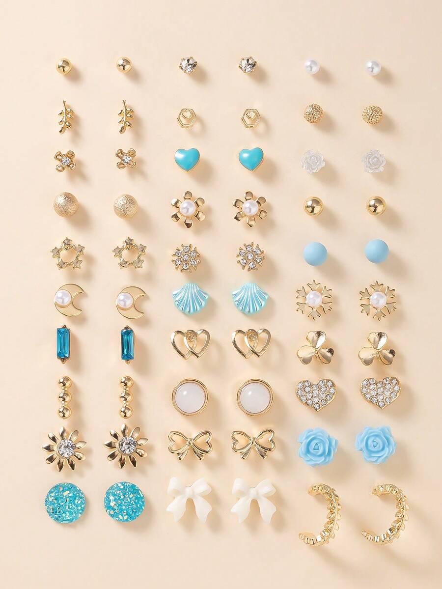 30 Pairs Silver Metal Rhinestone Pearl Heart, Leaf, Flower, Letter Stud Earrings Set For Women - Multicolor - View 1
