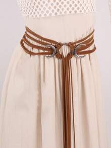 1PC Long Rope Ring Knotted Belt For Women Bohemian Crescent Moon Buckle Waist Rope With Tassel - A - View 8