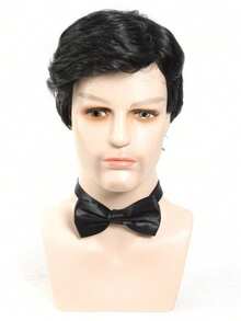 10 Zoll braune und schwarze kurze strukturierte synthetische Perücke für Männer, vielseitig für den Alltag und Halloween-Kostüme, europäischer und amerikanischer Stil kurze Business-Herrenperücke, natürlich flauschiges kurzes Haar, hitzebeständige Faser