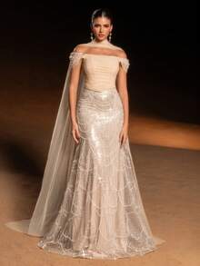 Faeriesty 情人节优雅两件套串珠晚礼服套装，露肩设计——褶皱面料紧身胸衣，精致鱼鳞串珠连衣裙，轻盈薄纱披肩，适合正式婚礼、高端晚宴、高级舞会和红毯活动，也可作为生日礼服或斋月服装。