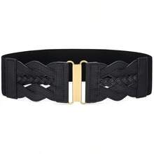 Vintage Stretchy Wide Elastic Belt With Gold Buckle For Women - 黑色(格子) - 查看 1