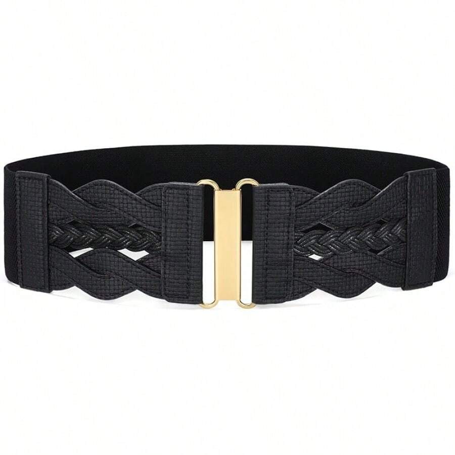 Vintage Stretchy Wide Elastic Belt With Gold Buckle For Women - 黑色(格子) - 查看 1