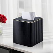 Gold-Edged Square Vertical Striped Tissue Box - Fashionable Cubic Tissue Box Holder, Magnetic Bottom, Decorative PU Tissue Box Suitable For Vanity, Nightstand, Desk, Kitchen Counter, Home Office, Car (Milk Tea Color) - Multicolor - View 10