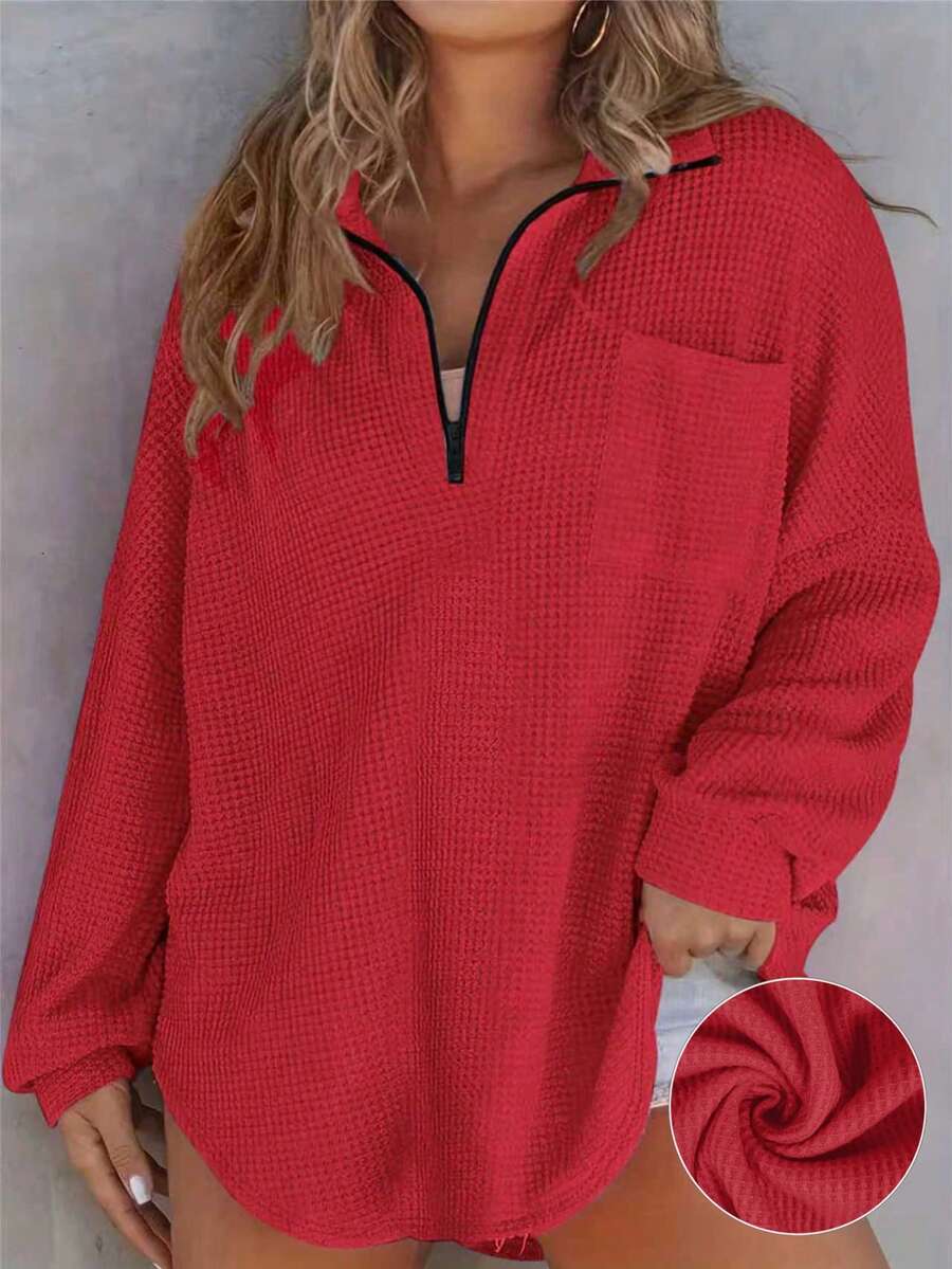 Plus Size Waffle Knit Zip Pocket Long Sleeve Top, Loose Fit, Popular European & American Autumn/Winter Style, Plus Size Spring - Red - View 1