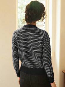 Knit Mix 優雅女款秋冬法式時尚日常居家休閒通勤針織圖案圓領長袖套頭毛衣上衣 - 黑色 - 查看 9