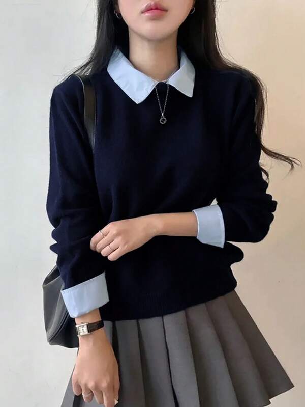 2 In 1 Polo Collar Sweater For Women, Cropped Relaxed Fit Loose Knit Pullover Top, Autumn/Winter