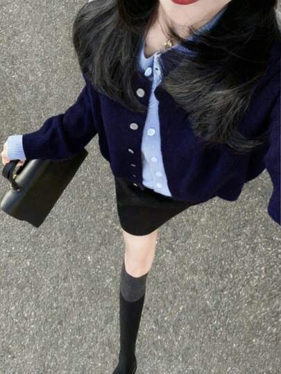 秋冬女款宽松针织开衫毛衣外套，新款休闲拼布套头外套