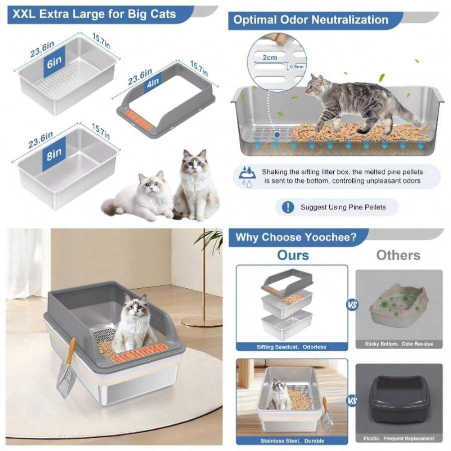 - Caja de de acero inoxidable con tapa, caja de para gatos con tamiz XL extragrande para pellets de pino y gatos grandes, sistema de bandeja de para control de olores, con - XL[23,6'' de largo * 15,7'' de ancho * 12'' de alto] - Ver 1