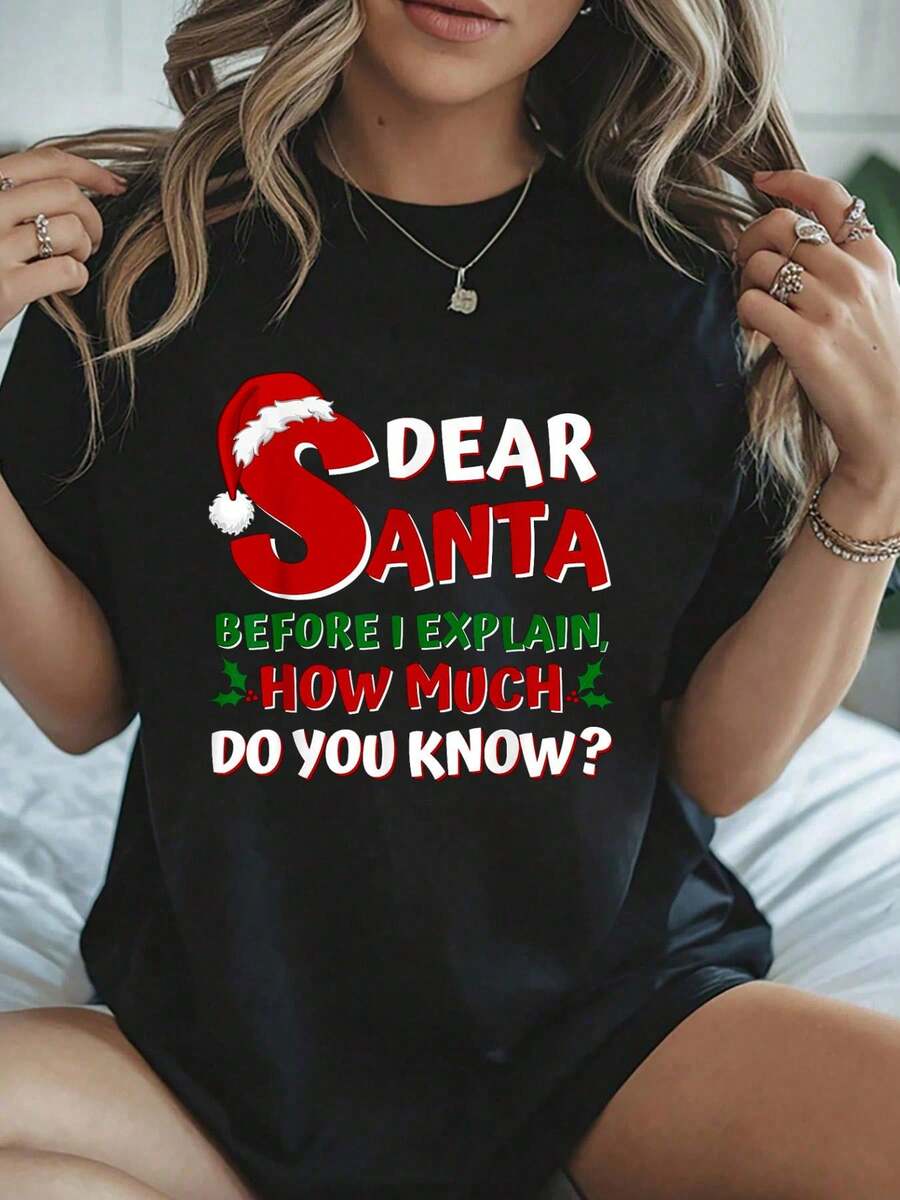 100% Algodón Unisex 2024 Camisetas Navideñas Divertidas para Niños y Adultos Santa Puedo Explicar Camiseta - Camisetas Gráficas 100% Algodón para Mujeres, Ropa de Verano - Negro - Ver 1