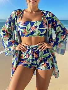 Conjunto de bikini con estampado tropical, trajes de baño para mujer en verano de playa de verano