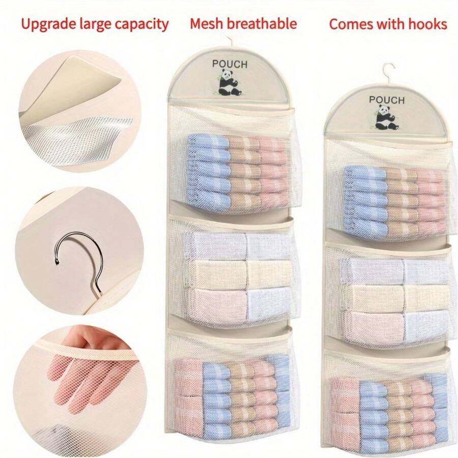 Bolsa de malla de almacenamiento colgante de 3 capas para ropa interior, calcetines y sujetadores - Adecuado para dormitorio y organizador de pared para el hogar con bolsillos transparentes | Organizador de ropa multicapa, organizador colgante de armario con bolsillos de malla y percha giratoria de metal, bolsa ahorradora de espacio de malla
