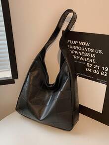 1 件绗缝时尚大号手提包，新款女士单肩包 - 黑色 - 查看 5